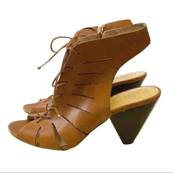 Vince Camuto Estie Leather Ankle Booties Peep Toe Heeled Lace Up Tan Brown 10 - Picture 6 of 14